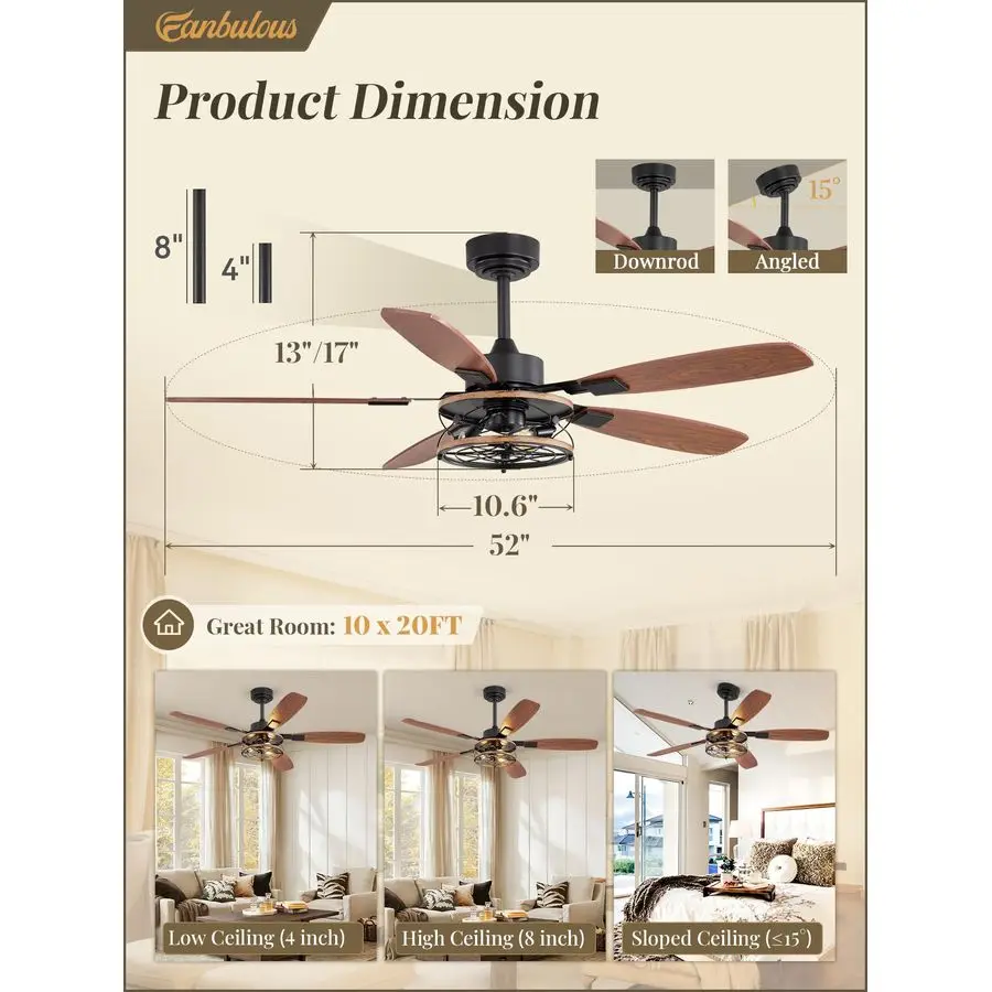 Inch Farmhouse Ceiling Fan with Light and Remote, Black Industrial Caged Flush Mount Ceiling Fans with 6 Speed Reversible Motor