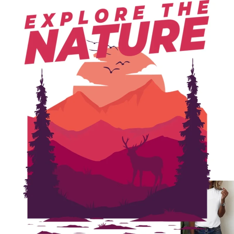Outdoor Style Explore The Nature Themed Heat Transfer White Ink Iron - on Patch, Suitable for T - shirts/Canvas Bags/Clothes,