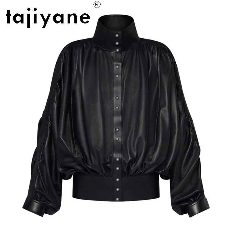 TAJIYANE Genuine Leather Jacket Women Stand Collar Sheepskin Outerwear Heavy Pleated Black Jackets Waist Cinched Leather Shirt