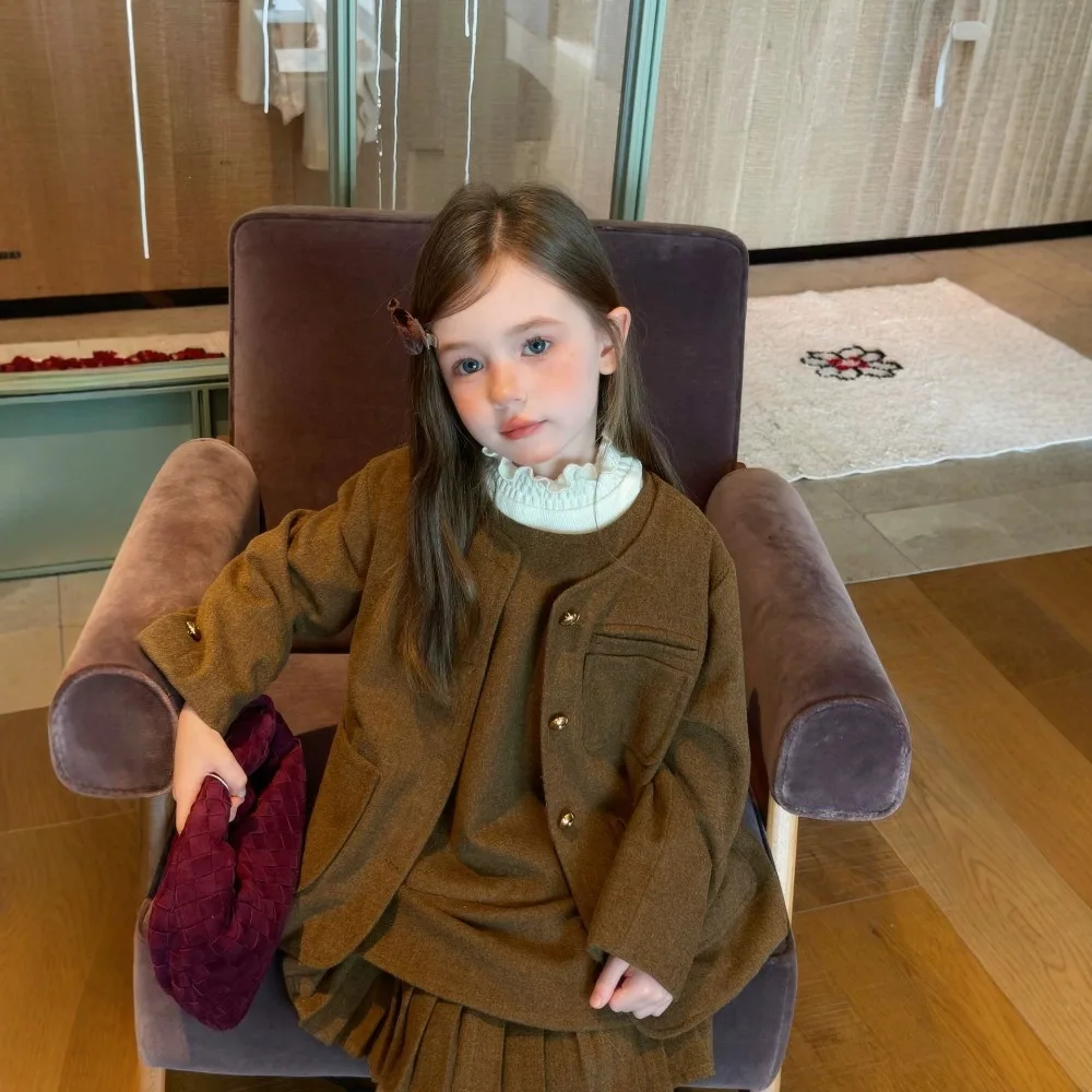 Girls Korean Tweed Outfit Set 2026 Autumn New, Solid Elegant Sleeveless Dress & Blazer 2‑Piece Suit For Kids Girls