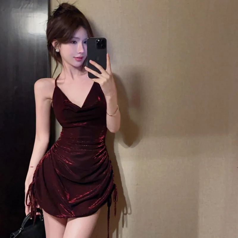 2025 Summer New Heart Machine Pure Desire Spicy Girl Drawstring Strap Waist Solid Color Slim Exposed Backpack Hip Dress Female