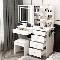 Large Vanity Desk Makeup Vanity with Sliding Lighted Mirror & Build-in Power Strip, Dressing Table with Shelves,Cushioned Stool