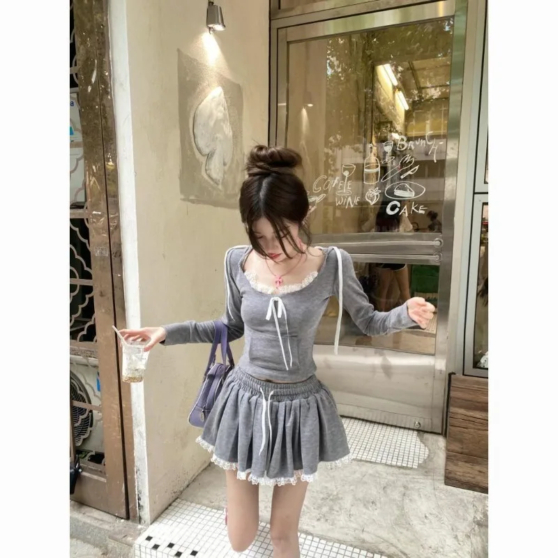 

Sweet Hot Girl Casual Suit Women's Autumn Lace Patchwork Hooded Sweatshirt A-line Skirt Two-piece Set Fashion Female Clothes