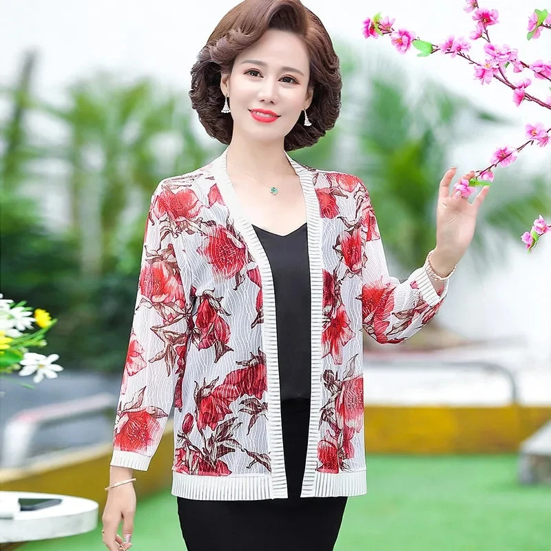 Summer Ladies Printing Sun Protection Clothing Cardigan Thin Coat Loose Long Sleeves Breathable Mesh Female Short Jacket 5XL