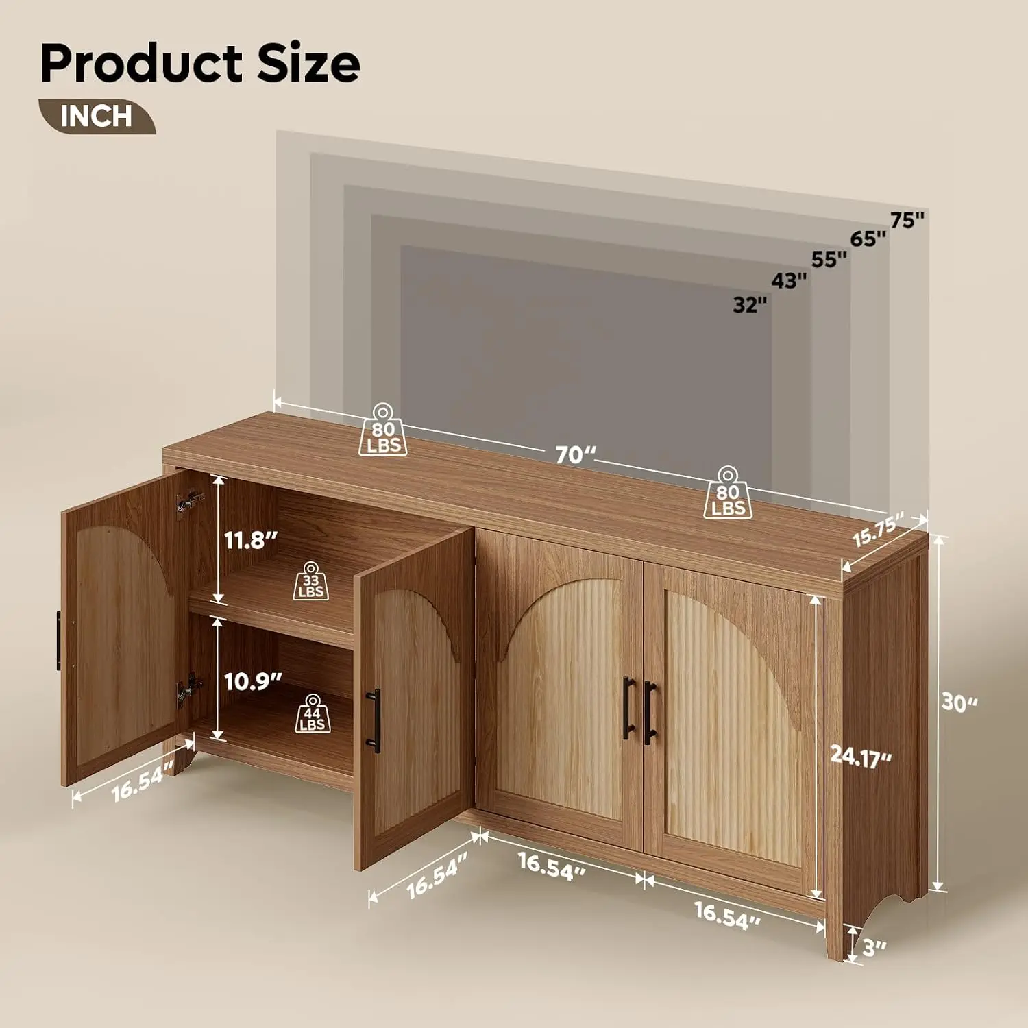 70 Inch Boho Farmhouse Sideboard Buffet Storage Cabinet with Arch Fluted Doors and Adjustable Shelves, English Oak Long Credenza Console Table for Living Room, Entryway
