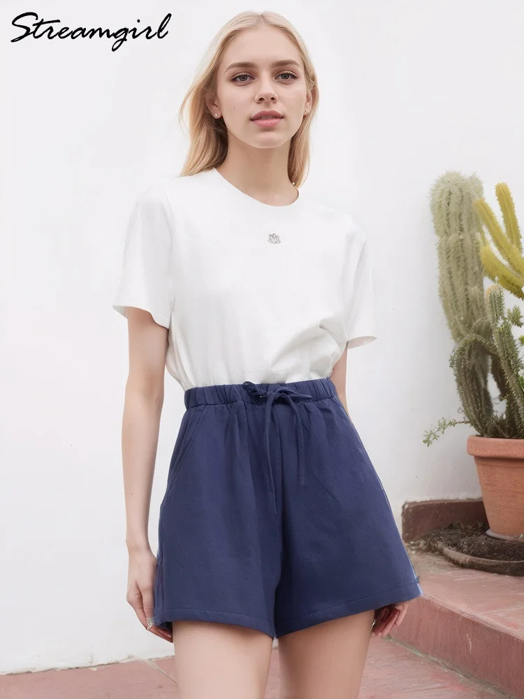 

Streamgirl Хлопковые льняные шорты женские летние трапециевидные шорты с высокой талией и широкими штанинами повседневные свободные женские шорты из хлопка с карманами