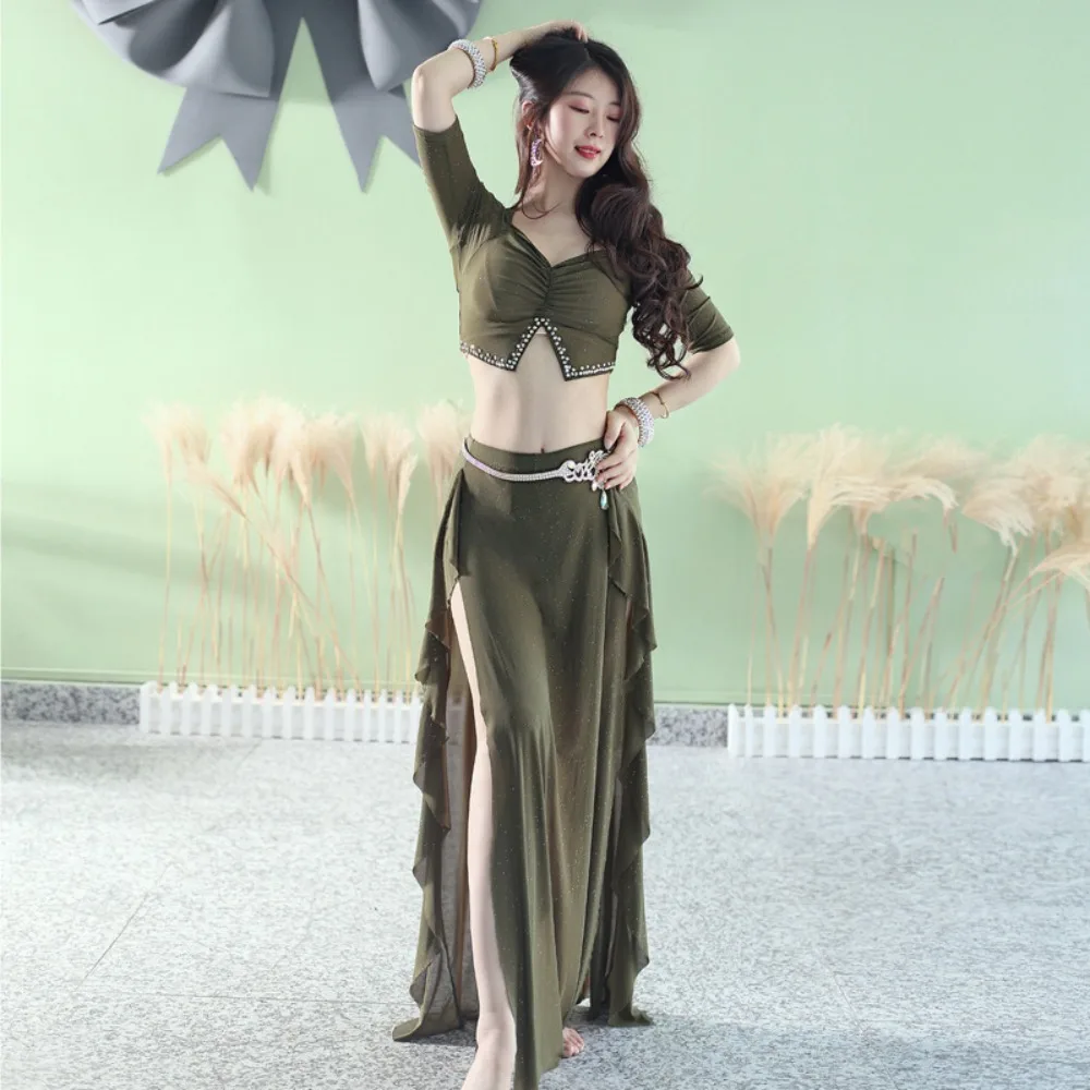 2025 여름 벨리댄스 연습복 세트 - 워터 거즈 2-in-1 의상 (오리엔탈 댄스 트레이닝 & 공연용)