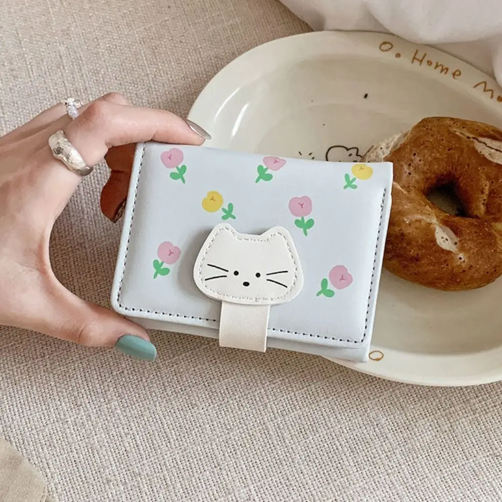 

Lovely Portable Flower Printed Wallet PU Leather Multiple Card Short Leather Purse Card Pouch Cute Three Fold Wallet Women