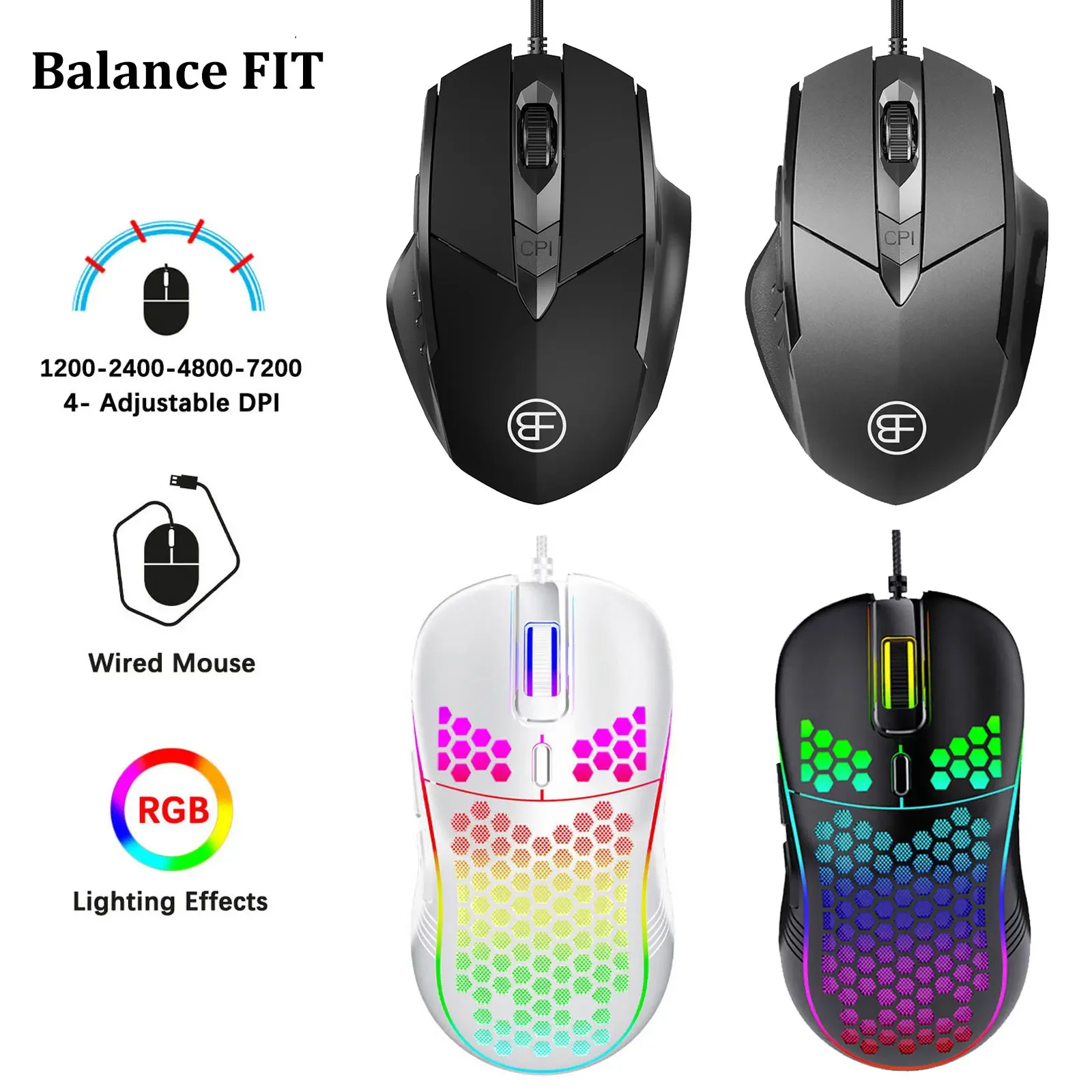 Optical Wired Gaming Mouse 6 Buttons Ergonomic Design with Adjustable 4-7200 DPI  RGB Effects for Windows Laptops PC USB Mouse