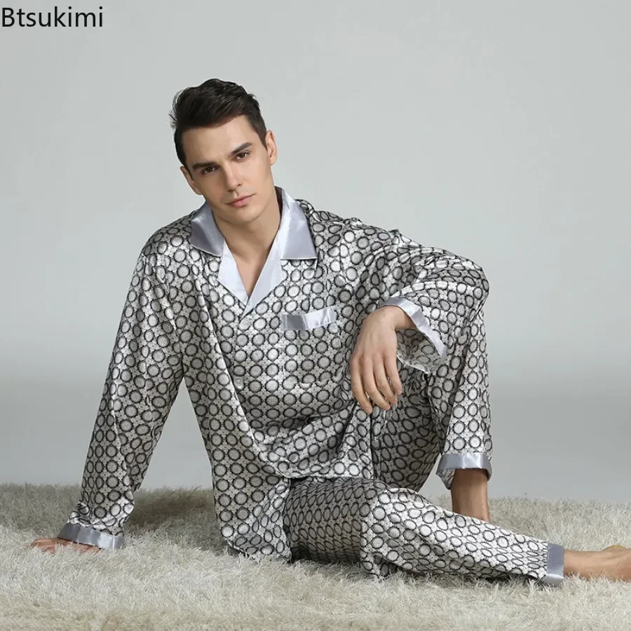 2025Men's Spring Summer Pajamas Sets Long Sleeve Tops&Pants Two-pieces Satin Home Clothes Male Ice Silk Printed Lounge Nightwear