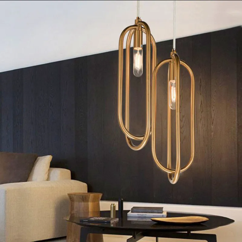 

Nordic Art Loop Creative Concise Dining Room Pendant Lamp Gold Ring Cafe Restaurant Decoration Lights Loft Edison Bulbs Light