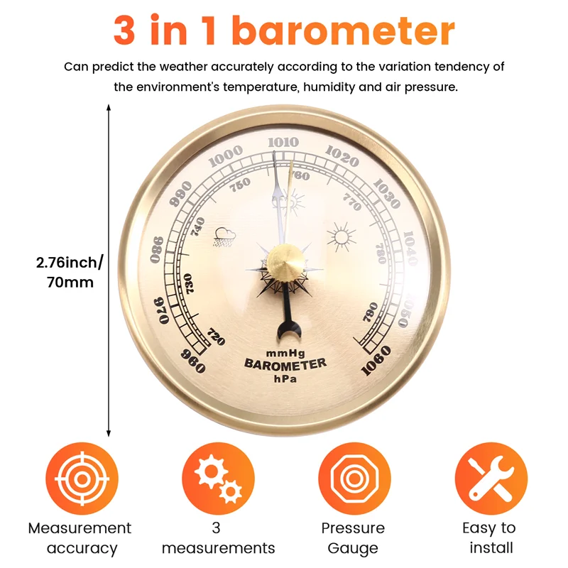 AED7-70Mm Atmospheric Home Barometer Weather Forecasting Instrument Aneroid Barometer Gas Pressure Gauge