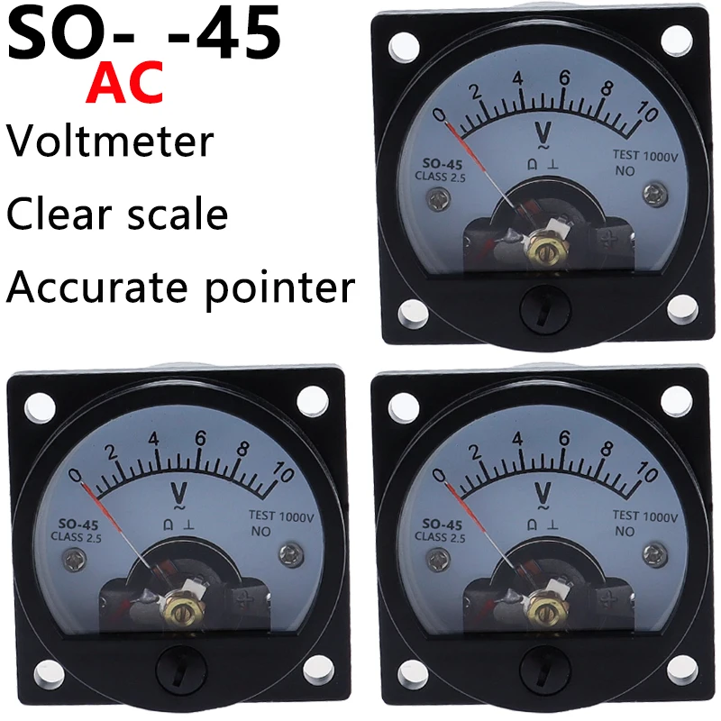 Voltímetro So45 ac 1v 2v 5v 10v 15v 20v 50v 100v 150v 200v 300v 500v Medidor de Painel de Discagem Analógica Redonda Voltímetro Medidor Preto Novo