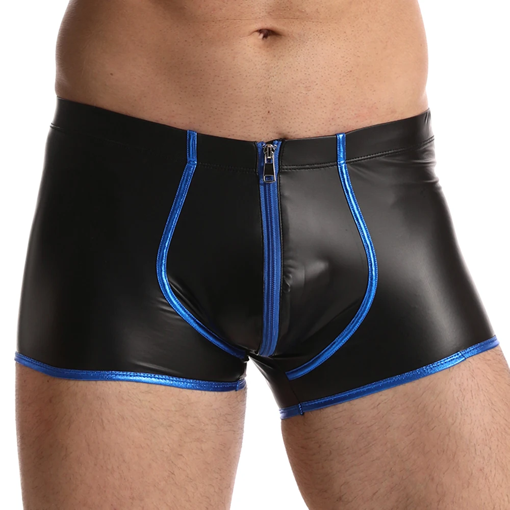 Bóxer Sexy con cremallera para hombre, ropa interior de piel sintética, pantalones cortos con bolsa para bulto Gay, color negro, Wetlook