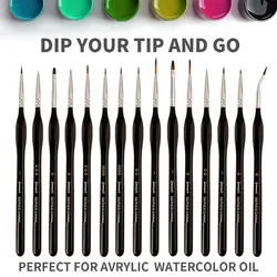 15 Pcs Miniature Hook Line Pen Painting Nylon Hair Multi Shape Pen Head Gouache Watercolor Oil Paint Artists Hand Painted Brush