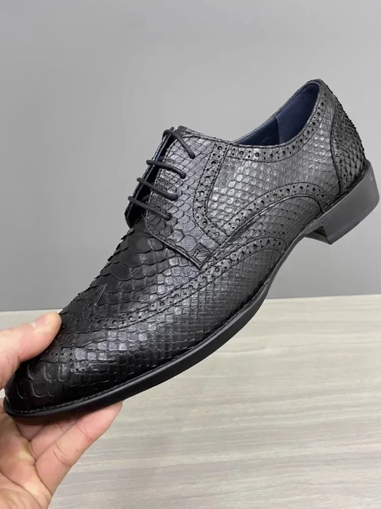 Italian Style Business Casual Office Men Dress Shoes New Lace Up Pointed Toe Snake Skin Genuine Leather Formal Derby Shoes Male