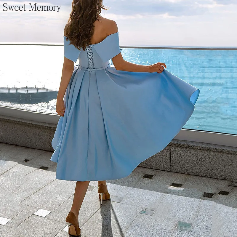 A126 Sweet Memory Boat Neck Bridesmaid Dresses Satin Gown Blue Pink Sexy Off Shoulder Lace Up Back Lady Homecoming Party Dress
