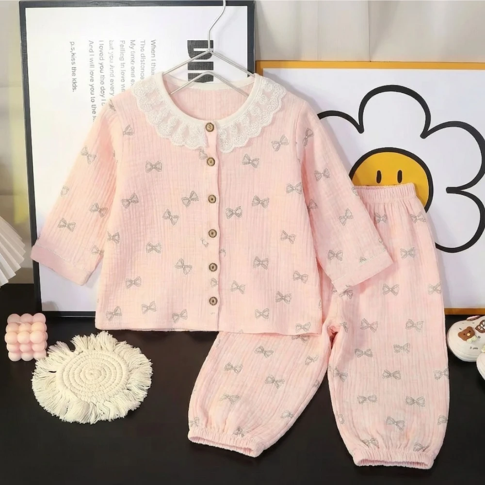 2026 Spring Summer Autumn Girls Fashion Pajamas Sets Elegant Lace Soft Comfortable Long Sleeve Home Clothes Set Kids Sleepwears