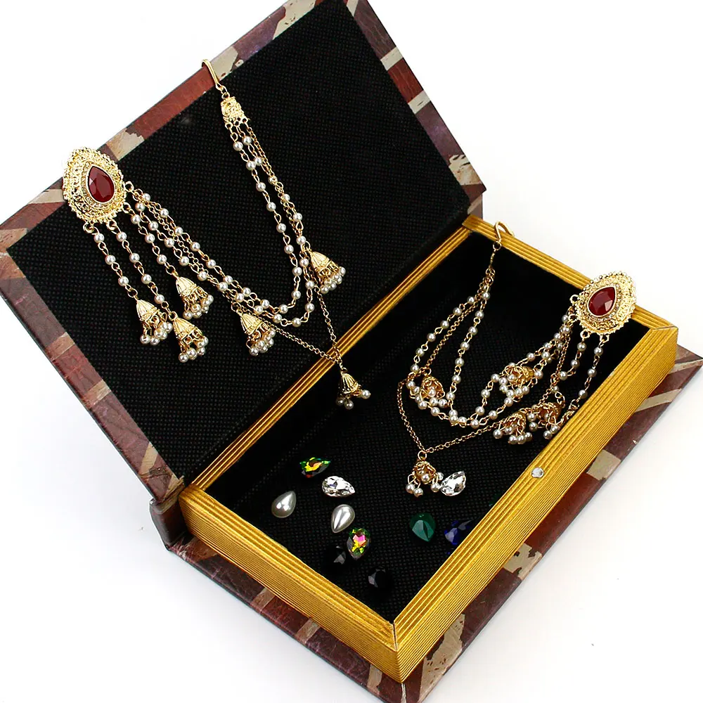 Sunspicems Fashion Indian Earring Link Headdress Jewelry Handmade Bead Chain With Metal Pendant Gold Color Bridal Bijoux Gift