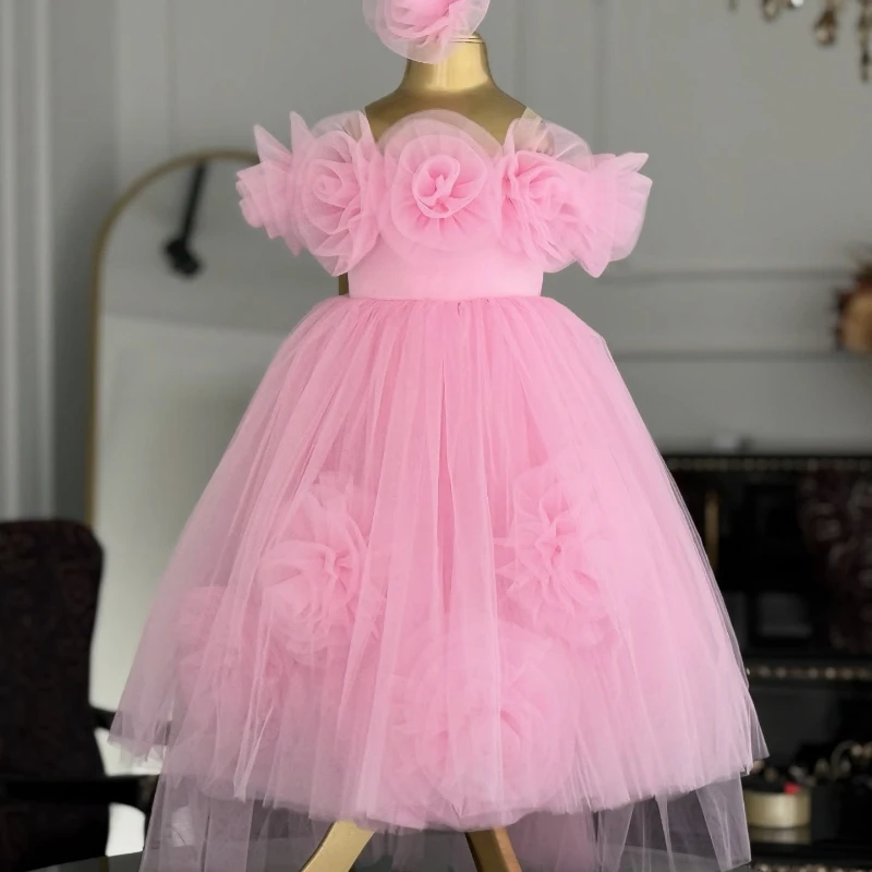 

2026 Kids New Pink Floral Off Shoulder Formal Princess Tulle Party Gown Children Elegant Costume Dress Baby Girl First Birthday
