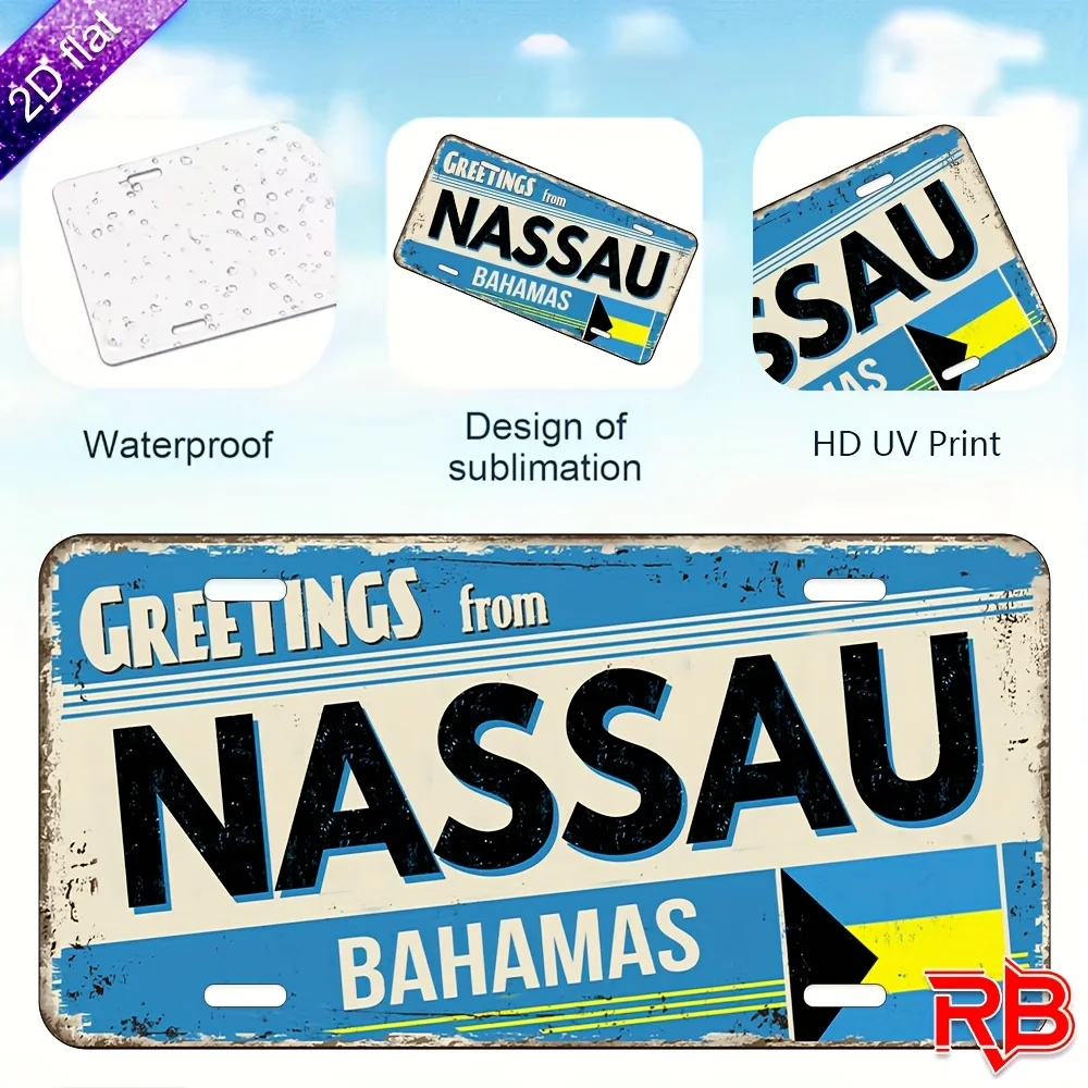 2D Flat, 1pc Aluminum Metal Sign - Vintage Nassau Bahamas Greetings Wall Decor, UV Printed 30.48cm x 15.24cm Rustic Distressed F