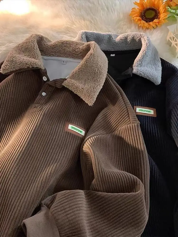 Casaco polo retrô de veludo, masculino e feminino, American Street, top casual para casal, Harajuku Y2K, outono, inverno, novo, 2023