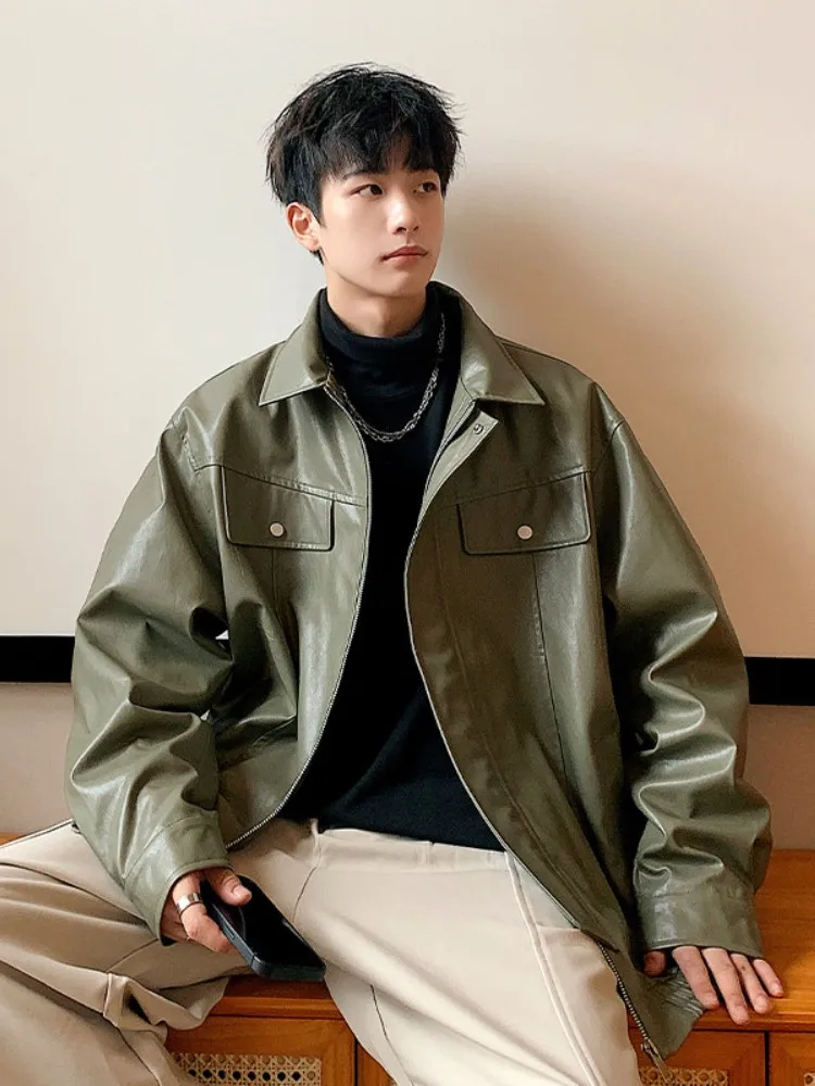 

Sli Men's Biker Leather Jaet Autumn Faion Brand American Retro High-End Flipped Collar Motorbike Top Street PU Leathe...