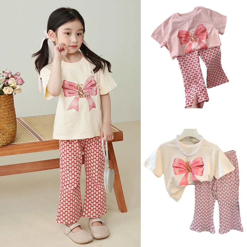 Summer Girls' Clothing Sets Kids Short Sleeved T-shirt Top And Micro Flared Long Pants Cute Bear Butterfly Tracksuit Soft Outfit