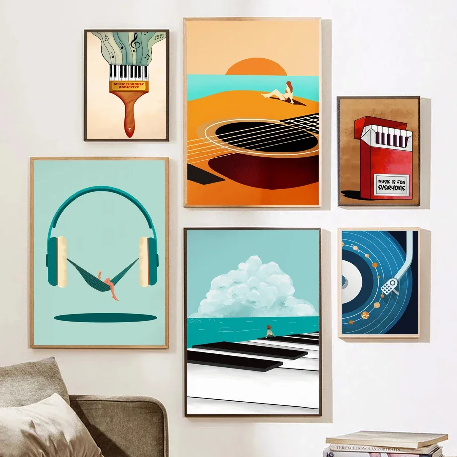Cartoon Abstract Simple Interesting Music Piano Guitar Notes Poster Canvas Paint Prints Art Pictures Room Home Wall Decor Gift