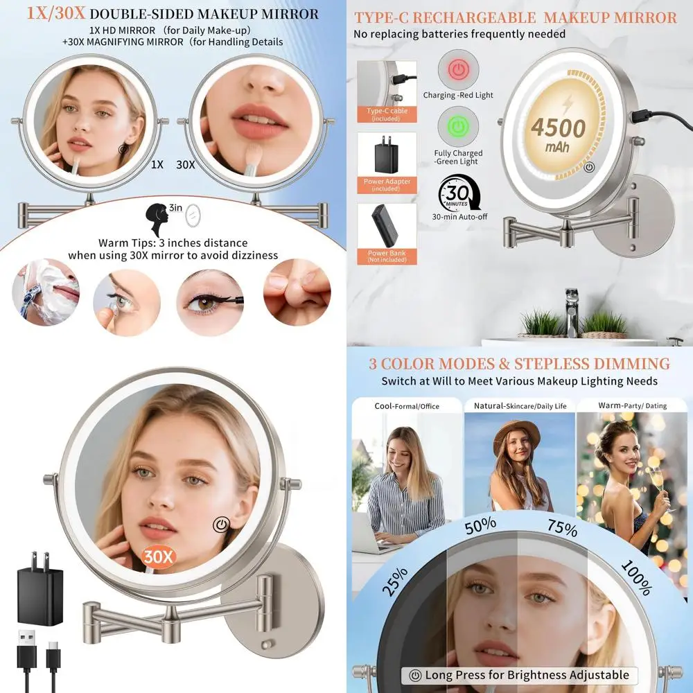 مرآة مكياج مضيئة على الحائط مقاس 30X/1X مع 360 درجة ° ذراع دوار، يعتم باللمس، وبطارية 4500 مللي أمبير، لمسة نهائية من النيكل #1