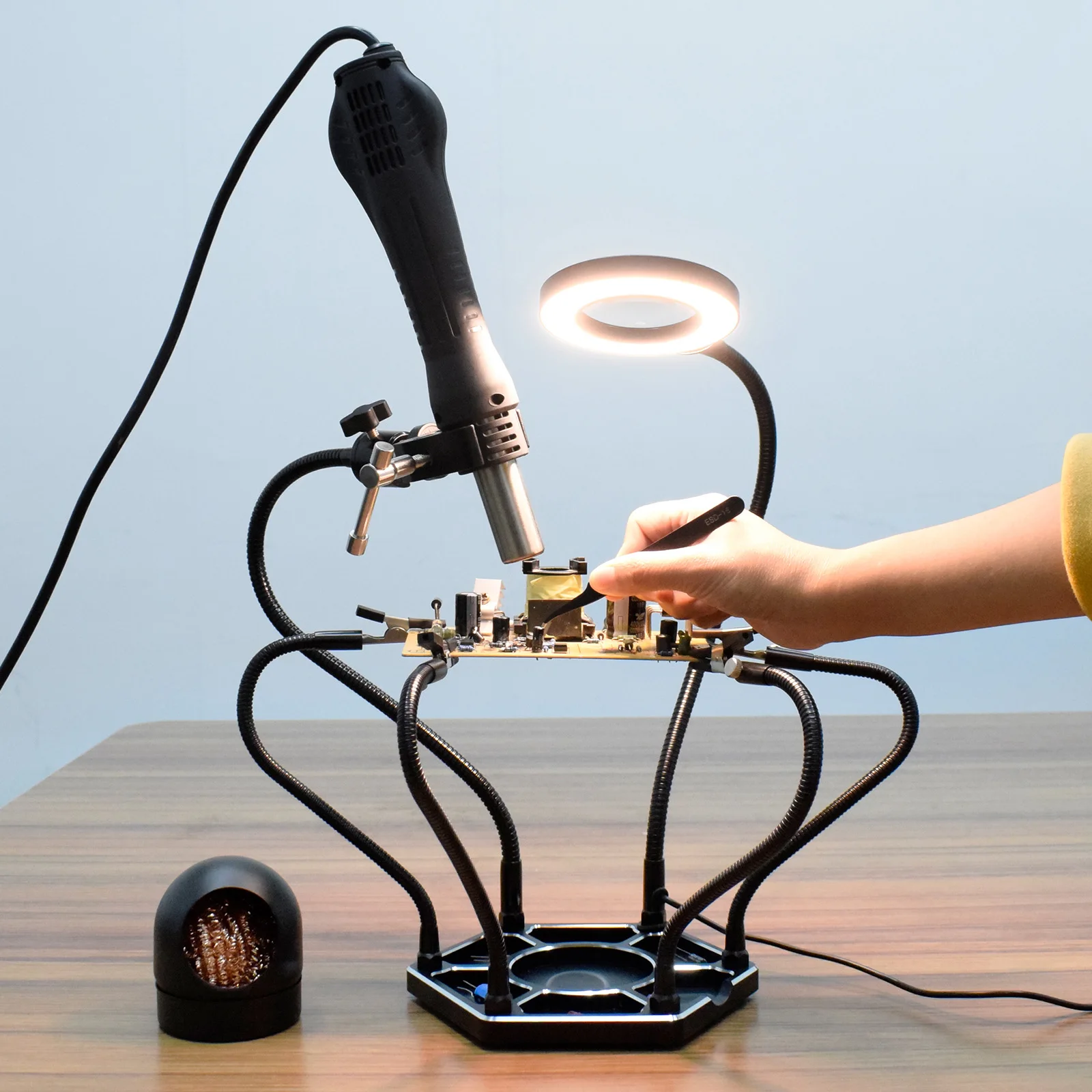 NEWACALOX Solderen Derde Handje Heteluchtpistool Stand met Lassen Tip Schoonmaken Bal 3X LED Verlichte Vergrootglas PCB Houder