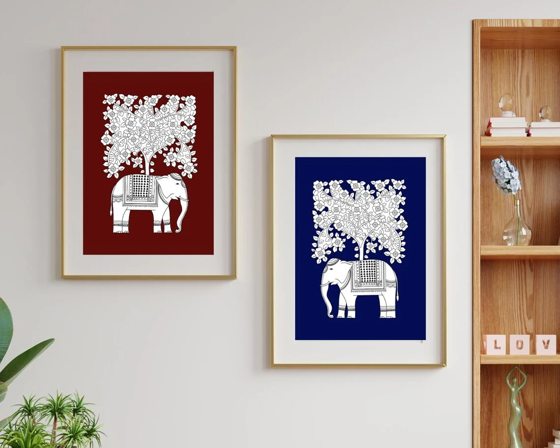 Folk art Print, indian folk art, Set of 2. elephant Art, Desi art,Indian Folk Art, Poster, Wall Art, Paintings