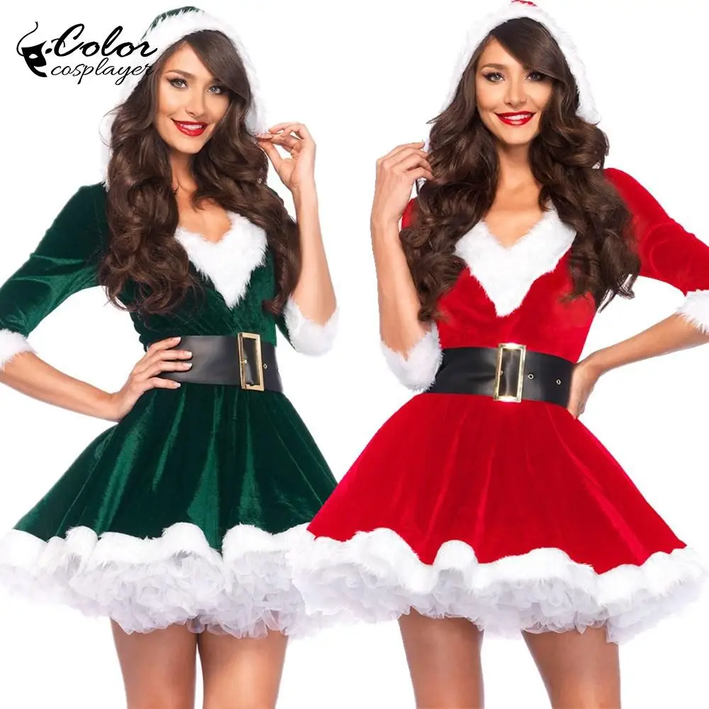 Color Cosplayer Christmas Girl Cosplay Dress Suit Women Holiday Party Costume Adult V Neck Dress Up Carnival Fantasia Outfit