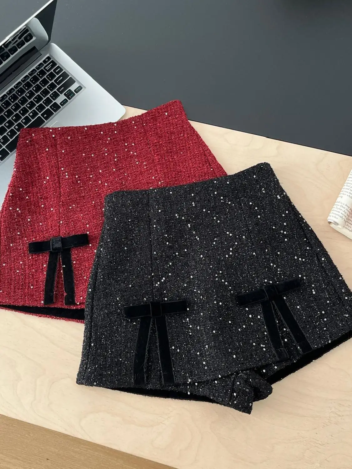 Korean Sequined A-word Hip-wrapped Bow Mini Skirt Korean Style Women's Clothing Y2k Clothes Woman Sequins Skirt Skirts Womens