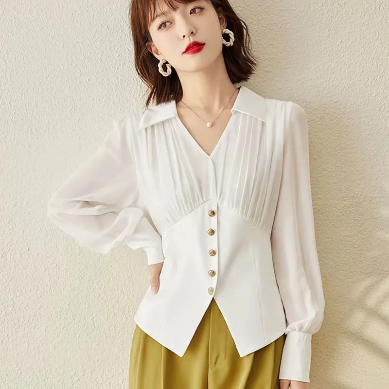 

Turn Down V Collar Lady Shirts French Pleated Stitching Tops Puff Sleeve Chiffon Buttons Blouse Women Style Split Draped Tops