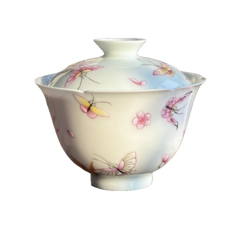 

Pastel butterfly Kwai Kou cover bowl gift Chai kiln master hand-painted ceramic tea set ladies girls tea bowl