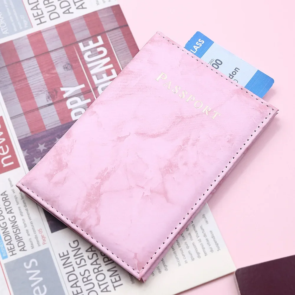 Funda de pasaporte de viaje para mujer, fundas finas con patrón de mármol rosa, accesorios esenciales de viaje