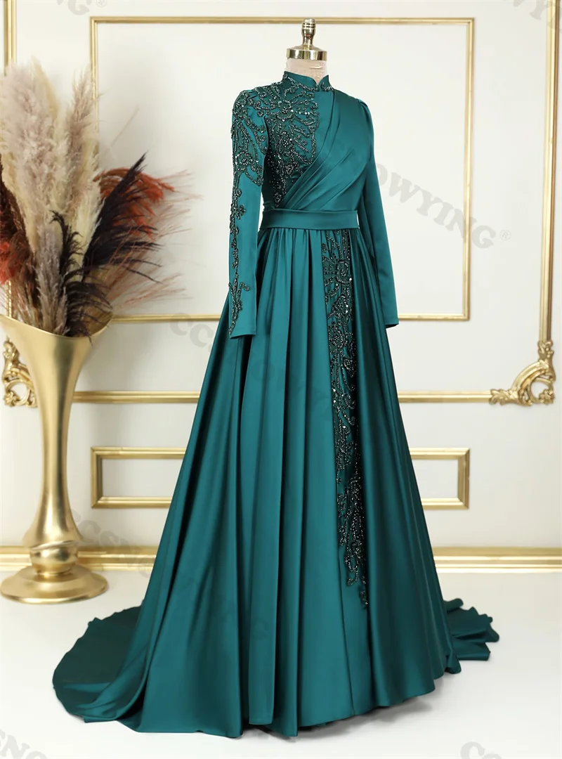 Green Satin Long Sleeve Muslim Evening Dress Appliques Beaded Islamic Formal Party Gowns Women Arabic Dubai Robes De Soirée