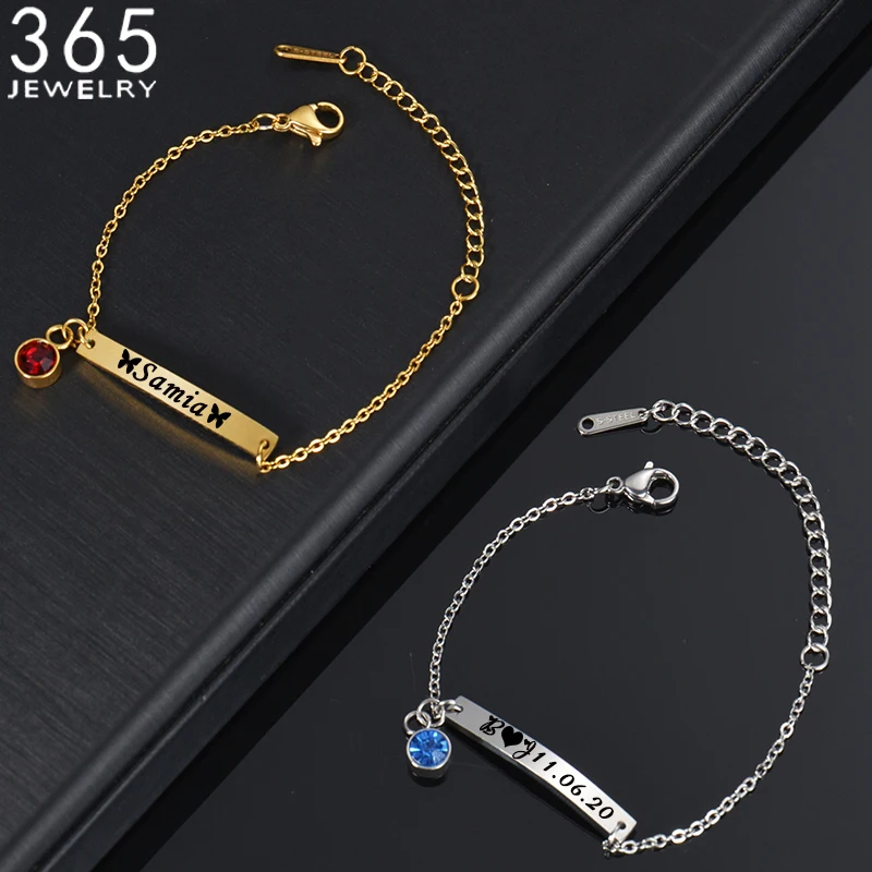 Engraved Name Birth Date Baby Bracelet 12 Colors Birthstone Customized Stainless Steel Kids Chain Bracelets Personalized Jewelry