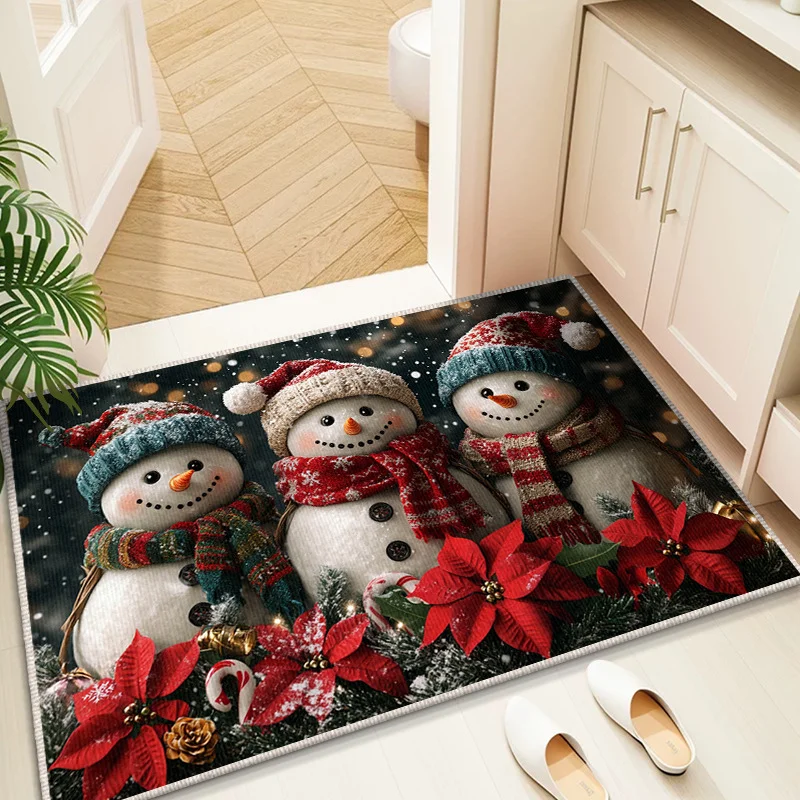 VIKAMA Snowman Doormat, Two Christmas Snowmen with Scarf Berries Pine, Cute Welcome Mat for Front Door, Holiday Home Decor