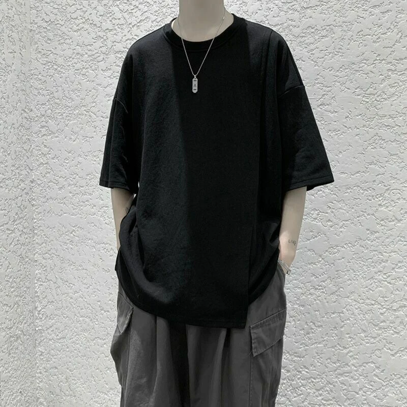 Asymmetrical Side Slit Men O Neck Short Sleeve Streetwear 2022 Summer Loose Fashion Cool T Shirt Casual Harajuku Oversized Tops