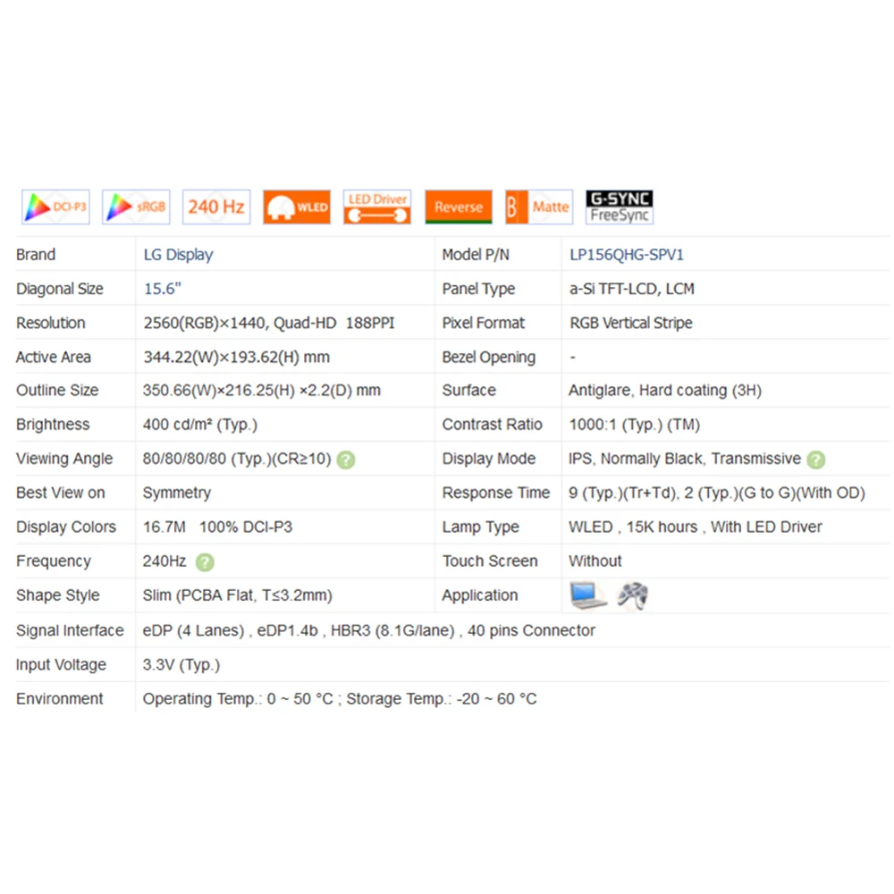 Tela LCD Display, Frete Grátis, 15.6 ", LP156QHG SP V1, 2.5K, 2560X1440, 240Hz, 400cd/m² Typ Srgb full color 100%, 40 peças