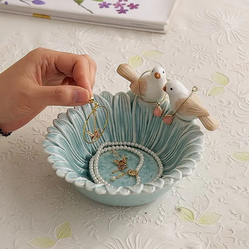 Versatile Creative Ceramic Bird Round Plate for Jewelry Ring Fruit Snack Dessert Serving Home Table Decor Ornament