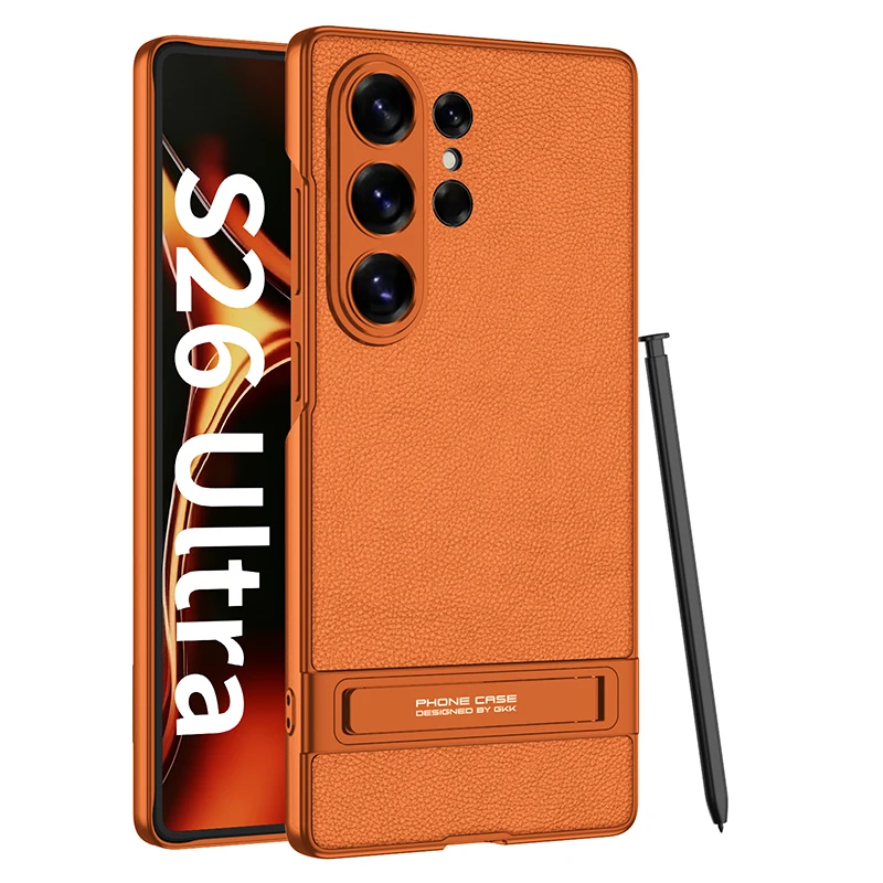 For Samsung Galaxy S26 Ultra S26Ultra Case Luxury Ultra-Thin Skin-Friendly Matte Leather Bracket Shockproof Hard Cover Accessory