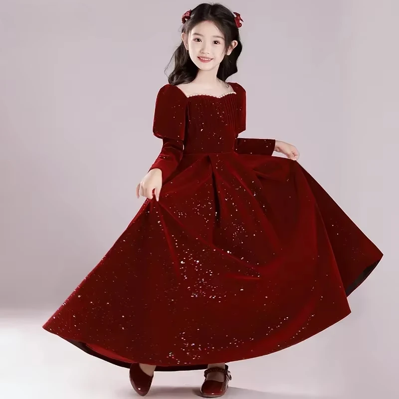 Girls Red Dresses for Party Wedding Children Red Sequins Beading Ball Gown Dress Partywear Vestidos Bridesmaid Costume Infants