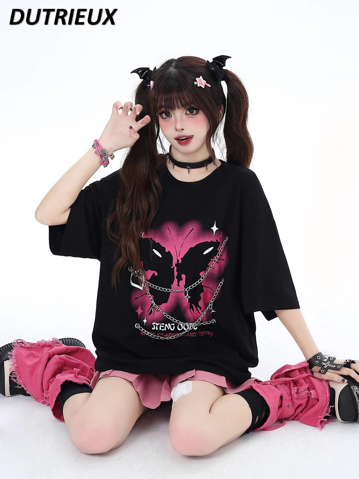 

Женская футболка с коротким рукавом, футболка в стиле панк-рок с принтом бабочки и металлической цепочкой, дизайнерская футболка в американском стиле с круглым вырезом для лета