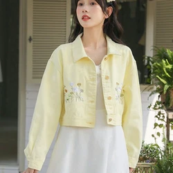 Autumn New Women Denim Jacket Sweet Girl Floral Embroidery Long Sleeve Single Breasted Korean Fashion Short Outerwear Female