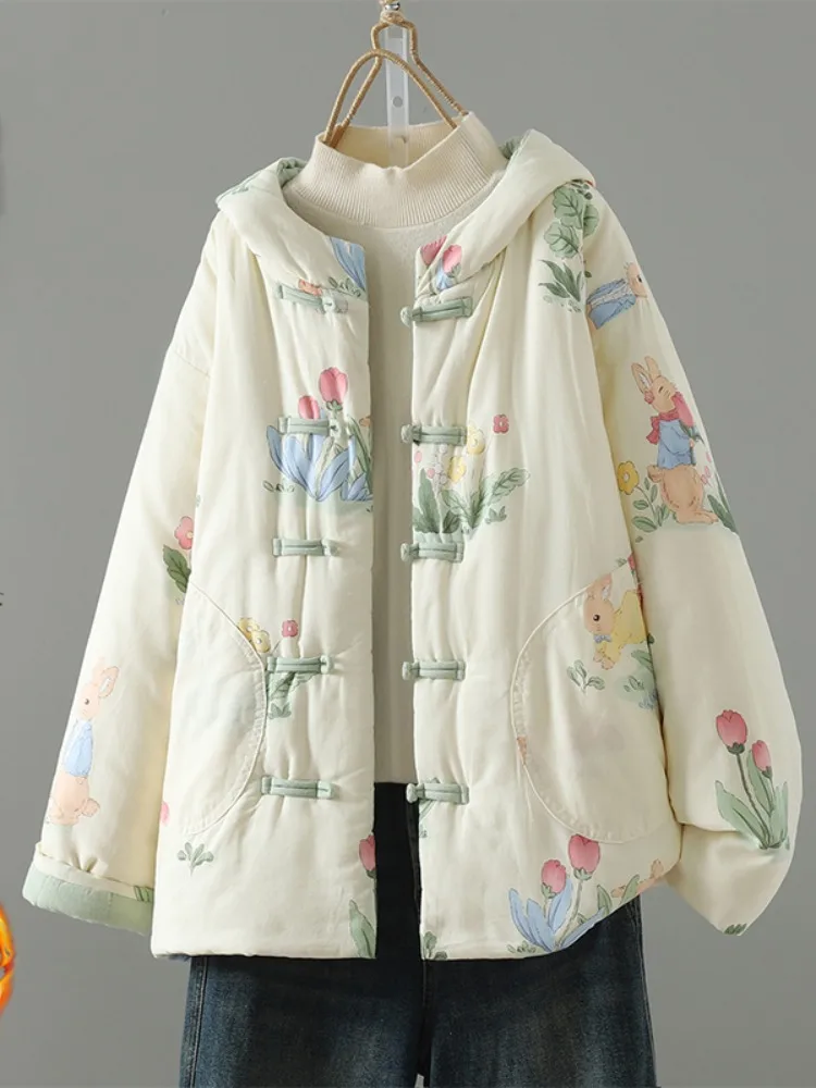 

Thiened Cotton Jaet with Hood Chinese Ancient Sle Button Design Women's Winter Coat Large Size Tang Costume Cotton Clothes