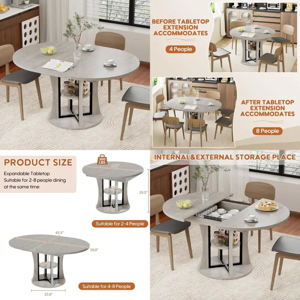 adjustable round dining table for 4-8, kitchen table with expandable storage, space-saving circular table