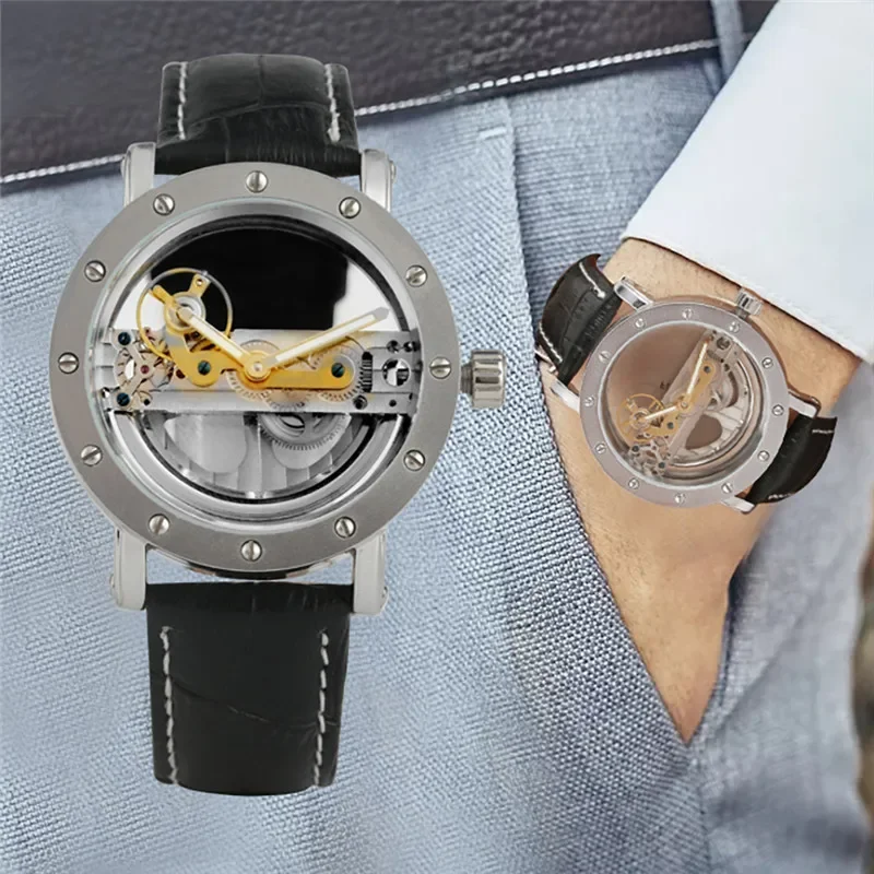 FORSINING Bridge Skeleton Mens Watches Automatic Self Wind Mechanical Leather Band Wrist Watch